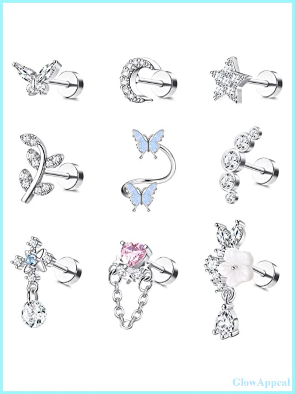 9Pcs 16G Flat Back Stud Earrings Set Hypoallergenic Stainless Steel Cartilage
